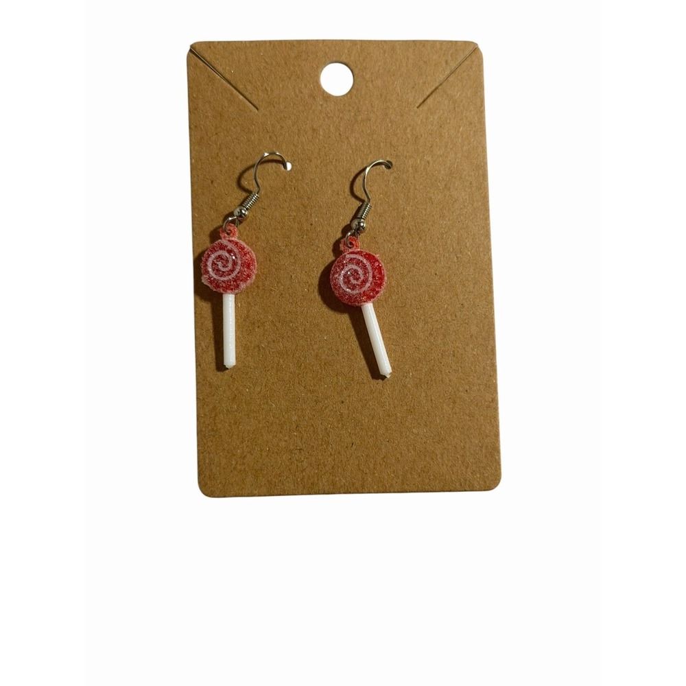 Red Lollipop Drop Earrings Novelty Candy Kitsch Kidcore Swirl Dangle Jewelry